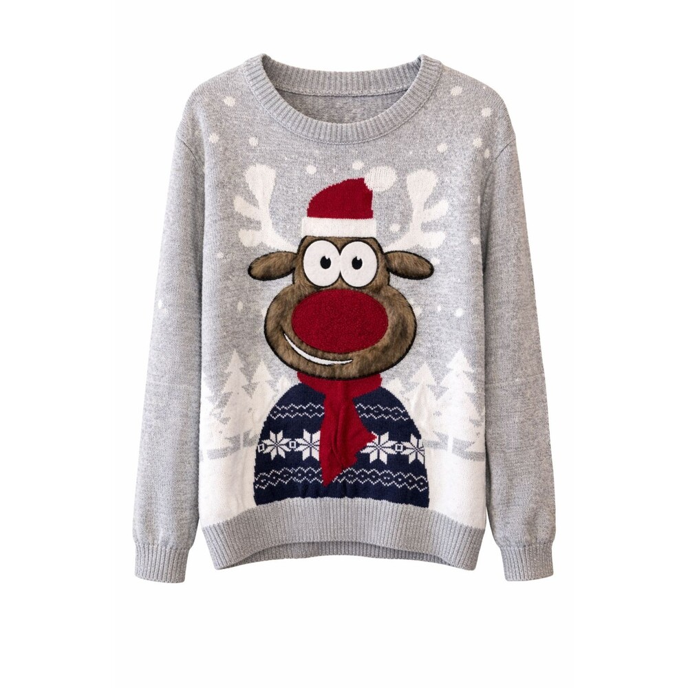 Christmas Reindeer Sweater L Gray Cute Holiday Pullover